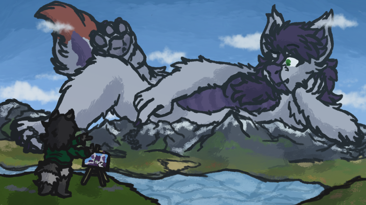 'Foxtober - Draw Me Like One Of Your French Alps Sized Girls (Atmosphere)' by ToweringKlau - October 2025
Also featuring: Klau
A giant fox with dragon colours rests across a mountain range as a raccoon paints a portrait of them. The fox is slightly obscured by atmospheric effects. A giant fox with dragon colours rests across a mountain range as a raccoon paints a portrait of them. The fox is slightly obscured by atmospheric effects.