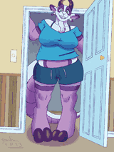A dragoat standing in a doorway that she clearly had to duck to get through.