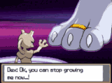 A scene in the style of Pokemon Diamond and Pearl - a Mewtwo looks smugly at the paw of a giant dragon.