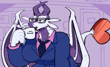 A tired dragoness in a suit sipping from an 'I Hate Mondays' mug.