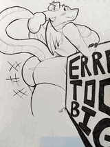 An embarrassed dragon with a large butt next to a sign reading 'ERROR: Too Big'