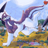 A giant Cyclizar running through plains, smaller Pok?mon underneath looking up.