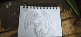 A sketch in a notebook of a dragoness walking.