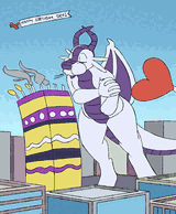 A giant dragon blowing out the candles on a building decorated to look like a cake with the non-binary flag colours and swaying in the breeze. A plane flies past with a 'Happy Birthday, Dex!' banner.