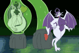 A dragoness inside one of the goopy clone tubes from Pok?mon: The First Movie, and another dragoness emerging from a different tube, tail still partially engulfed.