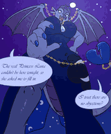 A pooltoy dragon dressed in an outfit that resembles Princess Luna, looming over the viewer. Caption: 'The real Princess Luna couldn't be here tonight, so she asked me to fill in.' 'I trust there are no objections?'