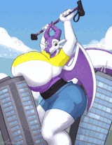 A giant dragoness in a non-binary shirt holding their cane above their head and stepping between two buildings, knocking them over in the process.