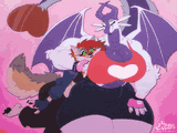 A large dragoness with a wolf in a headlock.
