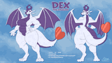 Ref sheet of a rather curvy dragoness, captioned Dex the Dragon, they/it/she, thirties, former platformer mascot, IT professional.