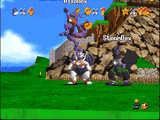 A variety of dragons in Super Mario 64's Tiny-Huge Island, the Spyro coloured one jumping over the regular coloured one.