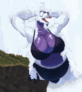 A dragoness bathing under a waterfall, wearing a bra and 'kaiju' branded underwear