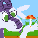 A dragon holding the Weird Mushroom from Super Mario Maker 2 and looking at it quizically.