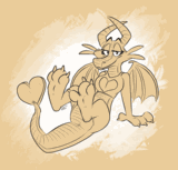 A dragoness in a crop top with their paws, tail, and null patch pointing towards the camera