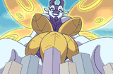 A gigantic fairydragon looming over a city - with the city specifically being between their legs.