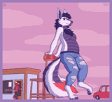 A giant fox posing by a diner themed after a table and chairs, resting back against the chair as a regular size bunny enters the door