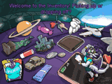 A dragon dropping something into their shirt, labelled 'Inventory'. The rest of the panel shows the view inside the shirt of it being like a warehouse. A duplicate dragon in a high-vis vest standing on a phone says 'Welcome to the Inventory! Picking up or dropping off?'. Items resting on top of the breasts include a planet, candy, keys with a heart keyring, a plane, the Statue of Liberty, a city, a wallet (highlighted), chapstick, coins, a car, and some gum.