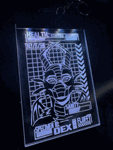 A badge featuring an anxious dragon, illuminated by white LEDs.