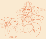 A sweaty dragoness fanning themselves with their tail - which has three tail tips on it.