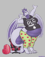 A large pregnant dragoness towering over the viewer, having just broken the gamer chair they were sitting in. The dragoness's shirt reads 'Installing DLC' with an arrow pointing to their belly. Their joggers are covered in hearts.