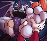 A goat rubbing the toony, well rounded paws of a dragoness with a hoof rested on the dragoness's null patch. The dragoness is wearing a 'sorry nothing' sports bra