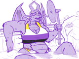 A giant dragoness in a bra and underwear with the non-binary flag, resting their back against a dam about to burst, and using a windmill like a fan.