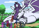A giant dragon laid down in a park, a crowd gathered round to give their snout a rub.