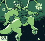 A cosmic dragoness standing on planets looking concerned, a glowy particle just out of reach. A timer at the bottom reads 045.