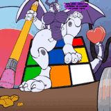 A dragoness action figure sitting on a Rubik's cube and looking down at the tiny viewer.
DEX: Now what could you possibly be staring at down there?