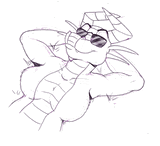 A dragoness wearing sunglasses, sunbathing on the grass.