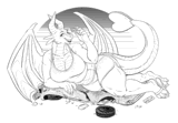 A dragoness in a summer outfit laying on top of a crushed car, with a vapourwave sunset in the background.