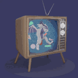 A continuously turning low poly 3D model of a dragon kicking their way out from a CRT TV filled with static and 90s shapes