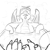 A view of a dragon in the bath, from near their paws