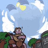 A kobold bard looks up as a dragoness's paw fills the sky over the city.