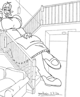 A large dragoness in a wonderland dress taking up most of a staircase.