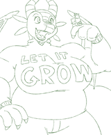 A large dragoness in a Let It Grow sweater chatting to a small goat sitting on their finger and sketching