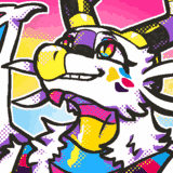 A dragon absolutely drenched in the pan and non-binary colours.