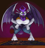 A dragoness marvelling at the tiny city that's appeared on her carpet.
