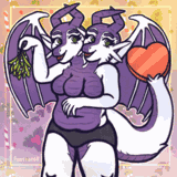 A three breasted, two headed dragoness holding up mistletoe.