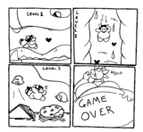 Four panel comic, a dragon platforming their way through a dragoness's mouth, throat, and over food platforms in the stomach. the fourth panel has the dragoness belching with the words 'game over' on their belly.