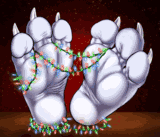 A dragon's paws with holiday lights draped between them. The colours are warmer and inviting.