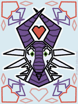 A dragoness comprised of geometric shapes, surrounded by angular representations of heart and horns.