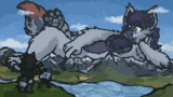 A giant fox with dragon colours rests across a mountain range as a raccoon paints a portrait of them. The fox is slightly obscured by atmospheric effects.