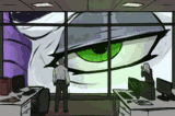 A giant dragon's eye looking in at an office window.