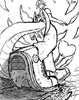 A dragoness wearing Converse shoes stepping on a city.
