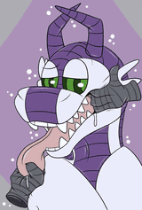 A dragon with swirly eyes having their maw tugged at by a pair of bird-looking hands.