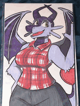 A dragoness in a flannel vest top.