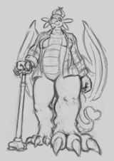 A fluffy dragon with a jacket draped over their breasts, seen from a low angle, walking with a cane