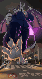A giant dragoness in a suit stepping down the dedicated macro lane of a city, focus entirely on the phone call she's making and the cup of coffee in her hand, not noticing the smaller figures crossing the road. Also there's a yinglet in the background.