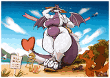 A giant dragoness walking along 'Null Beach', completely naked save hat, shades, bag and sandals as onlookers look on. A plane in the background drags a banner with 'NO SHIRT? SERVICE!'