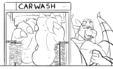 A giant dragoness having her paws teased by car wash brushes.